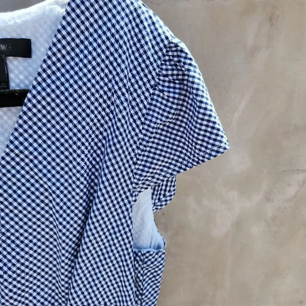 J crew faux wrap ruffle gingham dress